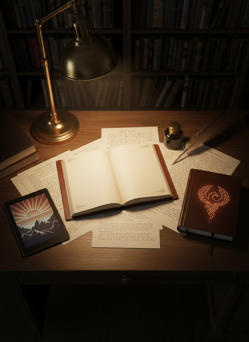 A meticulously arranged, photorealistic author workspace centered on a single open notebook, its blank ivory pages illuminated by a focused pool of warm desk-lamp light. On the cover of the nearby closed notebook, a subtle, embossed phoenix symbol glows faintly in copper and deep red, suggesting the Phoenix Rising theme. Around it lie neatly stacked printed pages, a vintage-style ink bottle, and an e-reader displaying a book cover featuring a rising sun motif. The background fades into soft shadowed bookshelves. Shot from a top-down, slightly angled perspective with crisp focus at the center and gentle vignetting, the atmosphere is thoughtful, disciplined, and creative, evoking a serious professional author at work without depicting any people.