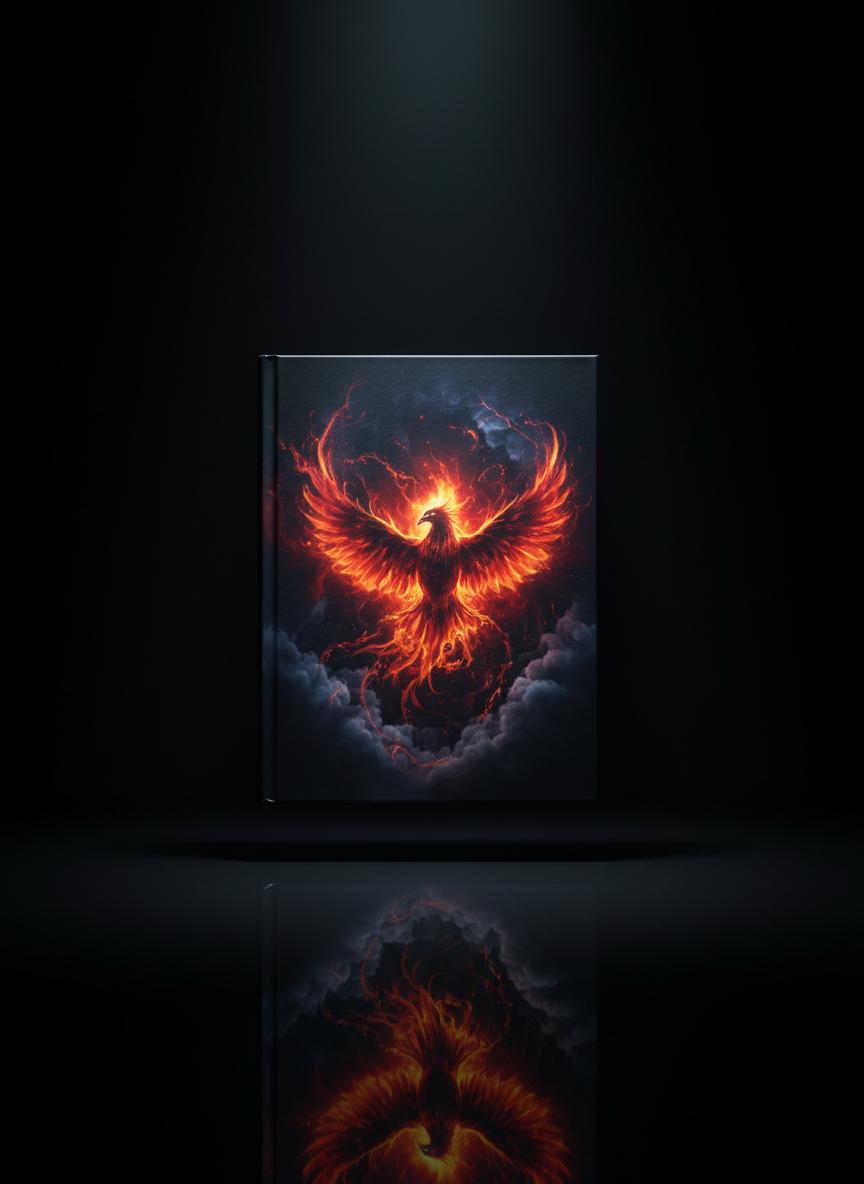 A single, photorealistic hardcover book floating slightly above a reflective black surface in a dark studio, the cover artwork dominated by a luminous phoenix emerging from swirling ash and smoke. Tendrils of glowing ember-red and gold energy spiral outward from the bird, fading into deep indigo and black at the edges. A subtle halo of cool backlight outlines the book’s silhouette, while a focused spotlight from above creates dramatic highlights and shadows. The reflection below is slightly blurred, hinting at duality and transformation. Captured straight-on with centered composition and ample negative space, the mood is intense, mysterious, and powerful—ideal for a primary book feature on a professional author site.