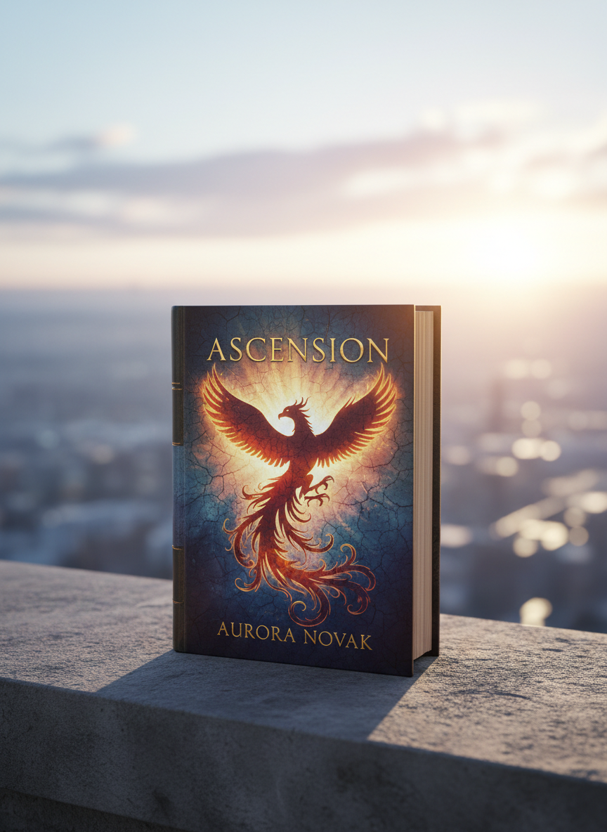 A photorealistic scene of a single book standing upright at the edge of a vast city skyline at dawn, its cover dominated by an intricate, fiery phoenix silhouette rising from shadow into light. The skyline below is softly blurred, bathed in pale blue and peach morning hues, while the horizon glows with the first rays of sunrise. The book’s spine casts a long, sharp shadow across a smooth stone ledge, emphasizing its importance. Gentle rim lighting around the phoenix emblem creates a sense of renewal and hope. Captured at eye level with a wide aperture, the mood is inspiring, cinematic, and perfectly suited for a professional author’s homepage hero image.