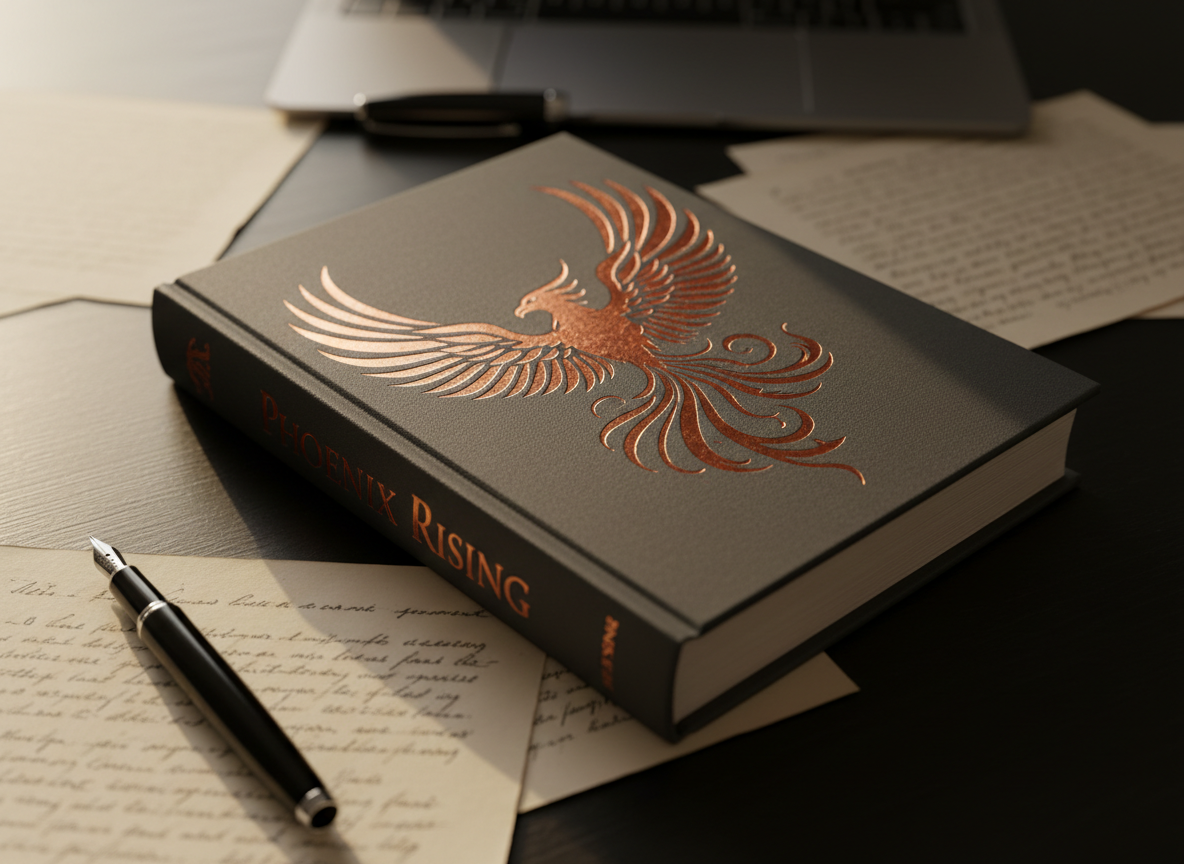 A dramatic, photorealistic close-up of a single hardback novel titled “Phoenix Rising” represented only by a stylized, embossed phoenix emblem on the dark charcoal cover instead of readable text. The book rests on a smooth black wooden desk with scattered handwritten manuscript pages, a sleek fountain pen, and a faint outline of a laptop keyboard, all softly out of focus. Warm golden-hour sunlight streams in from the left, catching metallic copper foiling on the phoenix symbol like flickering embers. Shot at a slightly elevated three-quarter angle with shallow depth of field, the composition feels professional, focused, and aspirational, suggesting powerful storytelling and transformation without showing any people or actual typography.