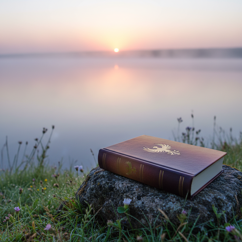 A serene, photorealistic early-morning landscape where a single book lies closed on a rough stone near the edge of a calm lake. The book’s cover features an understated, burnished-gold phoenix icon and a faint sunrise gradient from deep plum to soft amber. Mist drifts over the water, catching the pale pink and gold light of dawn as the sun just breaks the horizon. Dew-speckled grasses frame the foreground in soft focus, while the book itself is razor sharp. Shot from a low, close perspective along the stone surface, the composition uses the rule of thirds to place the book against the glowing horizon, creating a contemplative, hopeful mood of renewal and quiet strength.
